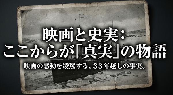 ここから先は映画の演出を超えた史実について解説することを示す、映画と史実の比較セクションの扉絵スライド。
