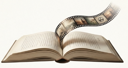 映画フィルムと小説の本のイメージ。映画版の疾走感ある構成と、原作小説の50年にわたる重厚な描写の違いを比較