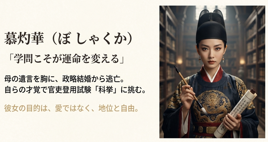 官服を着て筆を持つ凛々しい表情の慕灼華（ジン・ティエン）と「学問こそが運命を変える」というキャッチコピー