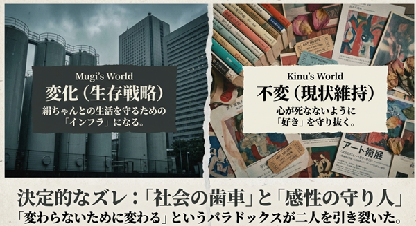 麦の世界(変化・生存戦略)と絹の世界(不変・現状維持)の対比図。変わらないために変わろうとした麦と、パラドックスによって引き裂かれた二人の関係性を解説。