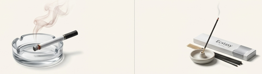 犯行現場に残された証拠品であるタバコ（ブラック・ストーン）とお香（エクスタシー）のイラスト解説