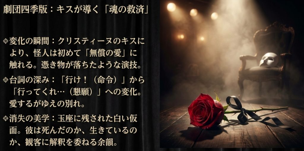 劇団四季版ミュージカルにおけるクリスティーヌのキスと怪人の魂が救済されるラストシーンの解説