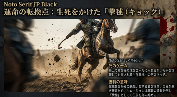 生存率極小のデスマッチ「撃毬（キョック）」の解説。奴隷身分からの脱却と愛する者を守るため、キム・ジュンが勝利し「武神」としての伝説を刻み始める瞬間 。