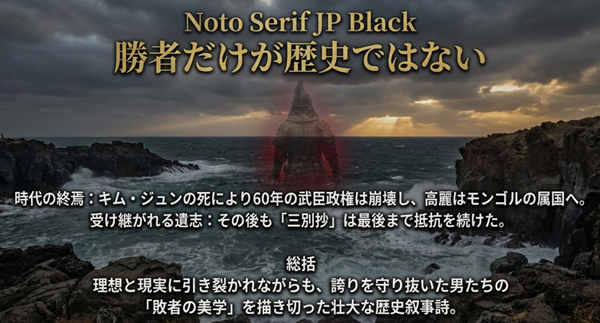 キム・ジュンの死による武臣政権の崩壊と、その後も抵抗を続けた三別抄の史実。理想と現実に引き裂かれながらも誇りを守った男たちの「敗者の美学」についての総括 。