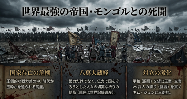 圧倒的な戦力差のあるモンゴル軍に対する高麗の国家存亡の危機。八萬大蔵経への祈りと、平和を望む王室対抗戦を貫くキム・ジュンの対立構造
