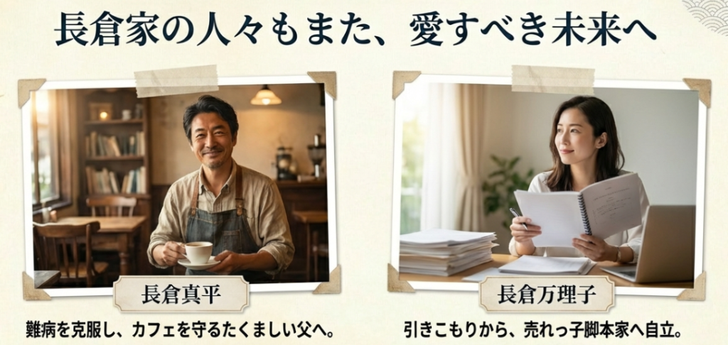 難病を克服し双子の父となった真平と、引きこもりから脱却し売れっ子脚本家として自立した万理子。長倉家の愛すべき家族たちの13年間の成長記録。