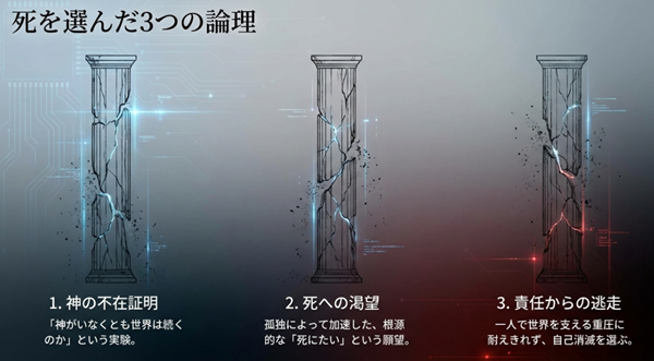中海修滋が自殺に至った3つの理由（神の不在証明実験、根源的な死への渇望、世界を支える責任からの逃走）を解説した柱のイラスト。
