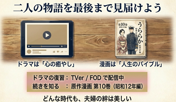 ドラマ版の復習(TVer/FOD)と原作漫画第10巻への導線、そして「どんな時代も、夫婦の絆は美しい」というメッセージが書かれたまとめスライド。