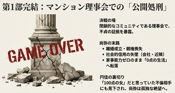 マンション理事会での不倫暴露により、離婚、親権喪失、社会的信用の失墜、そして家事能力ゼロのまま孤独な生活へと転落する尚弥の悲惨な末路を描いたスライド。