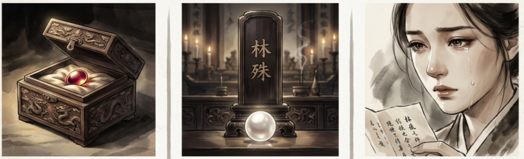 琅琊榜最終回・林殊の位牌の前に置かれた真珠と霓凰への手紙
