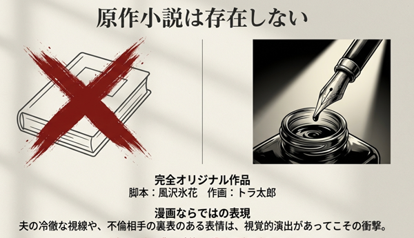原作は風沢氷花、作画はトラ太郎による完全オリジナル作品であり、小説家になろう等の原作小説は存在しないことを解説したスライド。漫画ならではの視覚的演出が特徴