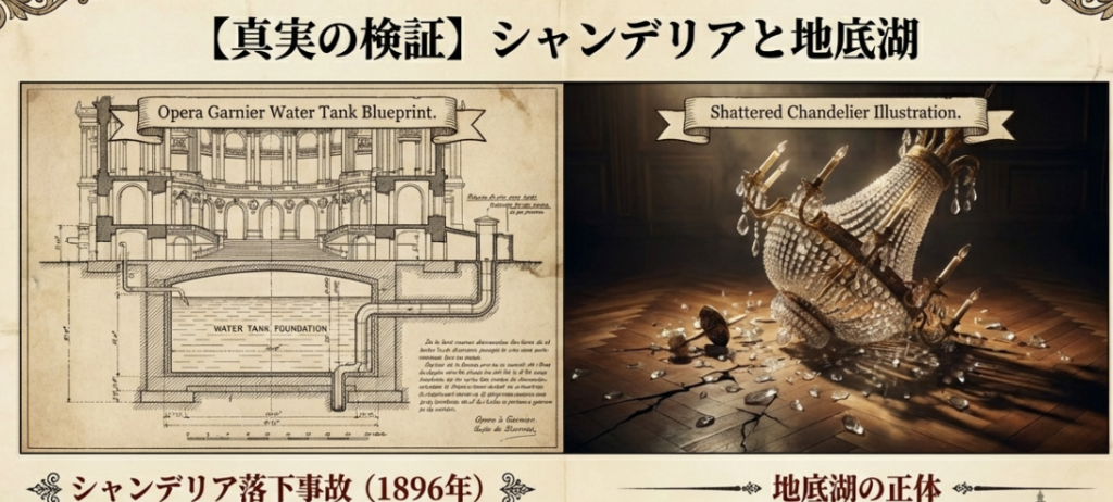オペラ座ガルニエ宮の断面図とシャンデリア落下事故および地底湖（貯水槽）の真実に関する検証