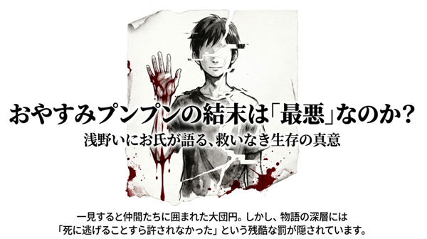 漫画『おやすみプンプン』の主人公プンプンの顔がひび割れているイラスト。「結末は最悪なのか？」という問いかけと共に、物語の深層崩壊を象徴したスライドの表紙。