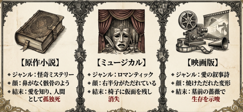 オペラ座の怪人の原作小説、ミュージカル、映画版における結末と運命の違いを比較した一覧表