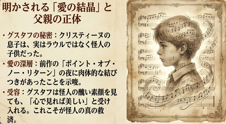 クリスティーヌの息子グスタフの本当の父親が怪人エリックであるという衝撃の事実と愛の結晶について