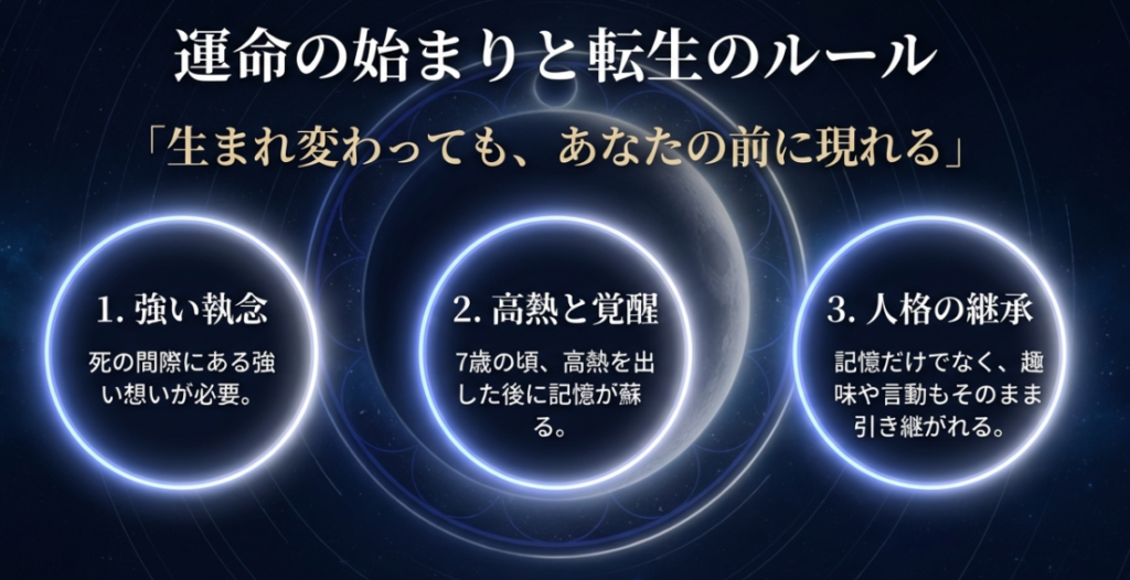 『月の満ち欠け』における生まれ変わりの3つのルール（強い執念、高熱と覚醒、人格の継承）を解説した図解。