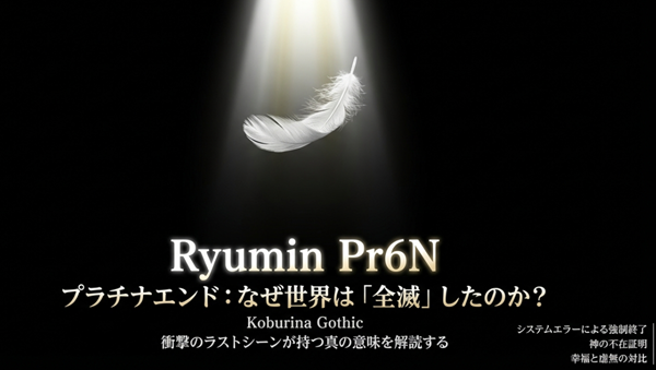 プラチナエンドの結末で世界が全滅した理由、神の不在証明、幸福と虚無の対比について解説する記事の表紙スライド。
