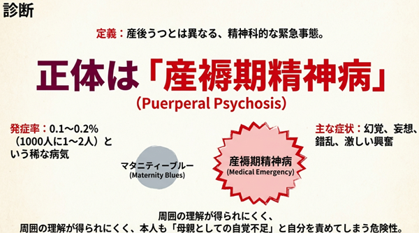 一般的なマタニティーブルーとは異なり、幻覚や錯乱を伴う精神科的緊急事態（Medical Emergency）である「産褥期精神病」の定義と、0.1〜0.2%という希少性についての解説。
