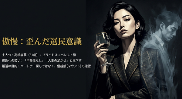 主人公・高橋麻夢（31歳）のプロフィール図解。彼氏を「甲斐性なし」と見下し、マウント目的で婚活を行うプライドの高い心理状態を解説。