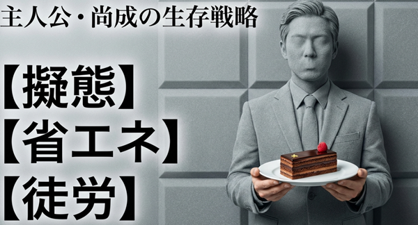 主人公・達家尚成の生き方を解説したスライド。「擬態」「省エネ」「徒労」をキーワードに、社会システムから排除されないようエネルギー消費を抑える戦略を図解。