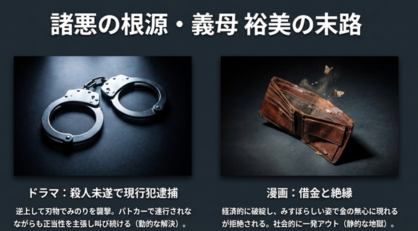 ドラマ版における「手錠（法的制裁）」と、原作漫画版における「空の財布（経済的困窮）」を並べ、悪役への制裁の違いを象徴的に示したイメージ。