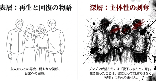 仲間たちと笑顔で肩を組むプンプンたちのイラストと、その顔が塗りつぶされた対比図。一見大団円に見える生存が、実は「死に逃げることすら許されなかった残酷な罰」であることを解説したスライド。