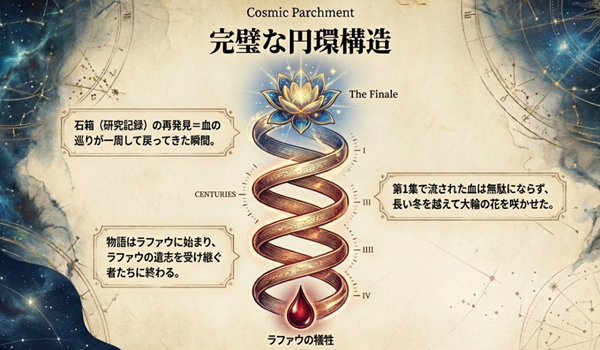 物語の構成（1集、111、IV）を示す図。ラファウの犠牲から始まった血の巡りが、長い時を経て一周し、大輪の花を咲かせる物語の円環構造と研究記録の再発見を解説。