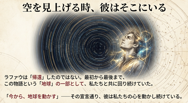 空を見上げる人物の背後にある宇宙。ラファウは帰還したのではなく、最初から最後まで物語（地球）の一部として回り続けていたという結論。