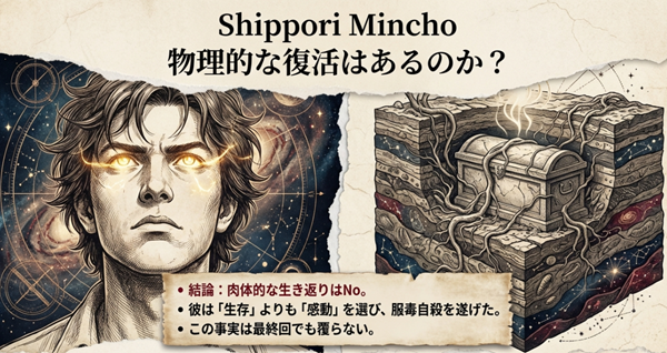 地中に埋められた石箱（研究記録）の断面図イラスト。ラファウは肉体的な復活ではなく、生存よりも感動を選び服毒自殺した事実と、物語における意志の継承を示唆する図。