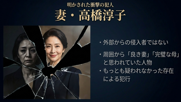 鏡が割れたようなビジュアルの中にいる妻・高橋淳子。外部からの侵入者ではなく、完璧な母と思われていた彼女こそが真犯人であることを示すスライド 。