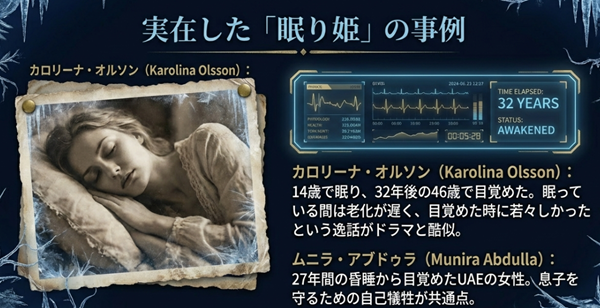 32年間眠り続けたカロリーナ・オルソンと、27年間の昏睡から目覚めたムニラ・アブドゥラの事例データ。ドラマの設定と酷似するポイントを比較した表。