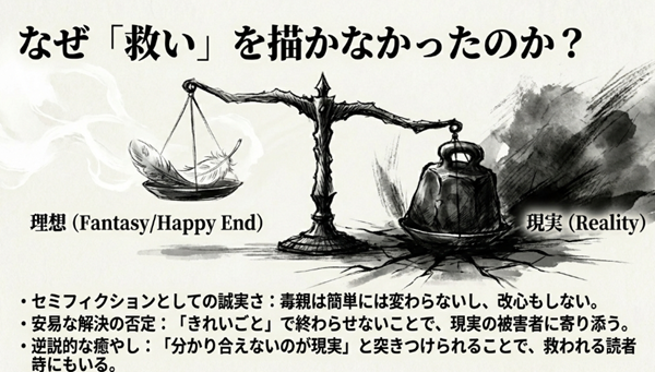 毒親は簡単には変わらないという現実（Reality）と理想（Fantasy）を対比させ、安易な解決を否定することで逆説的な癒やしを与えているという解説図。