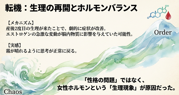 産後2度目の生理再開とともに劇的に症状が改善したメカニズムと、精神不調の原因が性格ではなく女性ホルモンの変動であったという気づきについての解説。