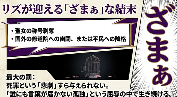 聖女の称号剥奪や国外の修道院への幽閉など、リズが受ける社会的制裁と、誰にも言葉が届かない孤独な末路をまとめたスライド。