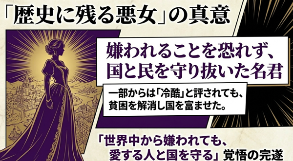 嫌われることを恐れず国と民を守り抜いたアリシアが、真の意味での名君として君臨する姿と、その覚悟を解説したスライド。