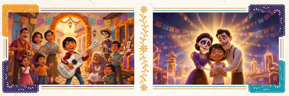 1年後の死者の日、音楽禁止の掟が解かれ家族全員が笑顔で過ごすラストシーン