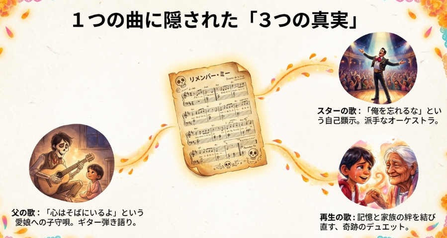 派手に歌うデラクルスと娘ココに優しく弾き語るヘクターの対比