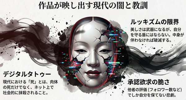 ルッキズムの限界、デジタルタトゥーによる社会的抹殺、承認欲求の脆さなど、作品が内包する社会的なテーマを解説した図。