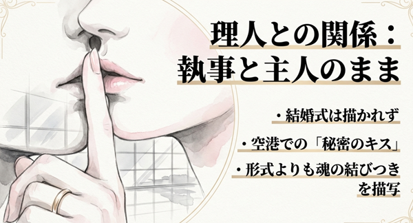 結婚式は描かれず、執事と主人の関係のまま空港での「秘密のキス」で魂の結びつきを確認した理人とメイの結末解説図。