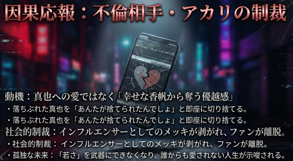不倫相手アカリの動機と、インフルエンサーとしての転落、若さを失い誰からも愛されない孤独な未来が示唆される制裁内容の解説