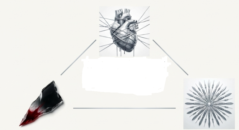 心臓に針が刺さるイラストと共に解説される、独占欲、サディズム、作品作りという犯行の動機