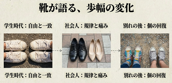 学生時代の白いジャックパーセル、社会人時代の革靴とパンプス、別れ後の色とりどりのスニーカーの比較写真。靴の変化を通して二人の心理状態の推移を解説