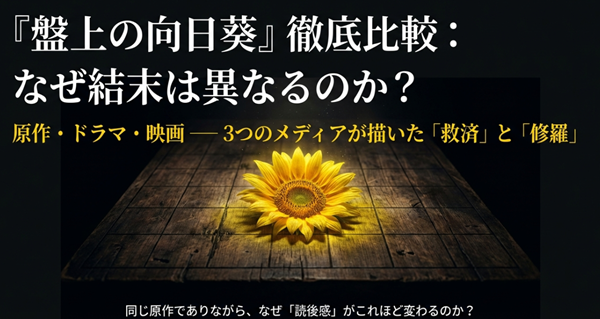 『盤上の向日葵』の原作、ドラマ、映画における結末の違いと、それぞれのメディアが描いた「救済」と「修羅」のテーマを比較解説するスライドの表紙。
