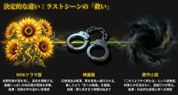 ドラマ版の「悲劇の中の安堵」、映画版の「罪と向き合う時間の始まり」、原作の「社会的な抹殺と虚無」という、結末における救済のあり方の違いを比較したスライド。