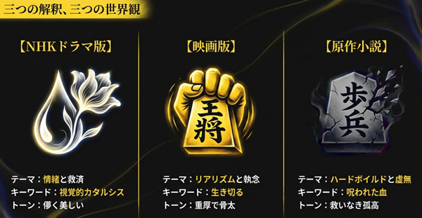 NHKドラマ版の「情緒と救済」、映画版の「リアリズムと執念」、原作小説の「ハードボイルドと虚無」という、メディアごとのテーマとトーンの違いをまとめた解説図。