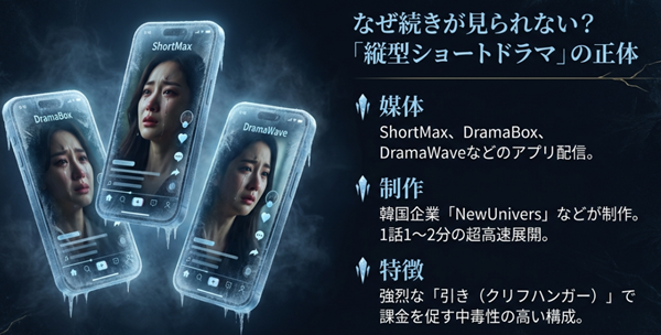 NewUnivers社などが制作する縦型ショートドラマの特徴解説。1話1〜2分の高速展開と、課金を促す強烈な「引き（クリフハンガー）」についての説明図