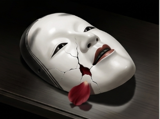 ひび割れた能面のイメージ。大垣俊介の死因である糖尿病と足の壊死、壮絶な闘病生活を象徴する図