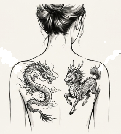 ルイの背中に彫られた龍（アマとの日常）と麒麟（シバによる支配）のタトゥーイラストとその意味の解説