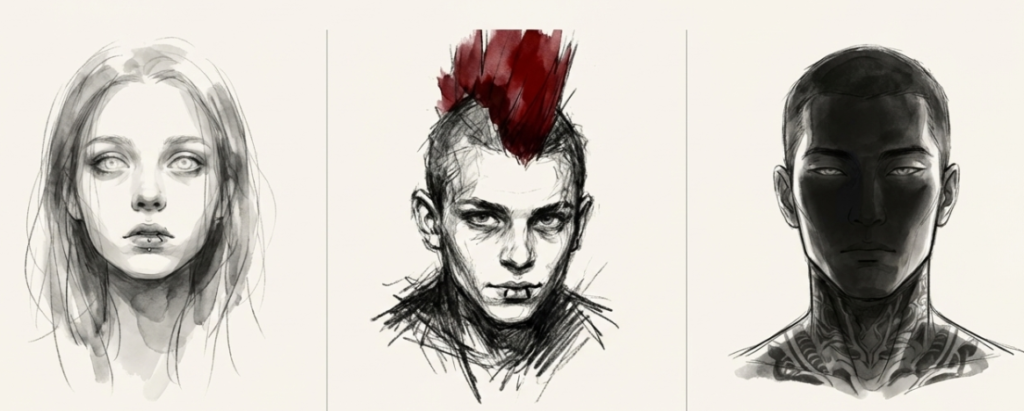 ルイ、アマ、シバのイラストとそれぞれのキャラクター設定（生きている実感、きっかけ、支配者）の解説スライド