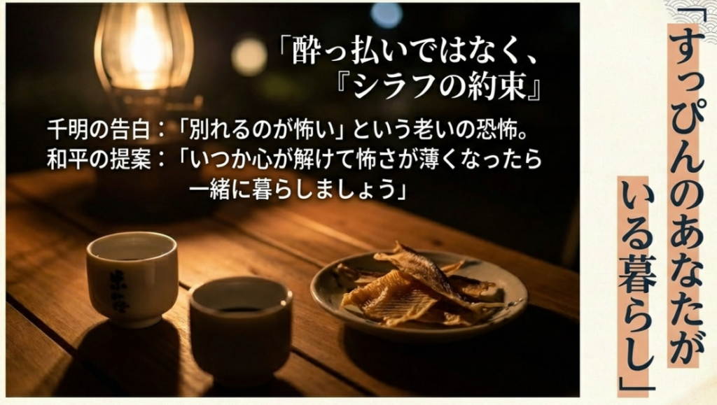 酔った勢いではなくシラフで交わされた「いつか心が解けたら一緒に暮らそう」という約束と、和平が伝えた「すっぴんのあなたと暮らしたい」という究極の愛の言葉を解説するスライド。